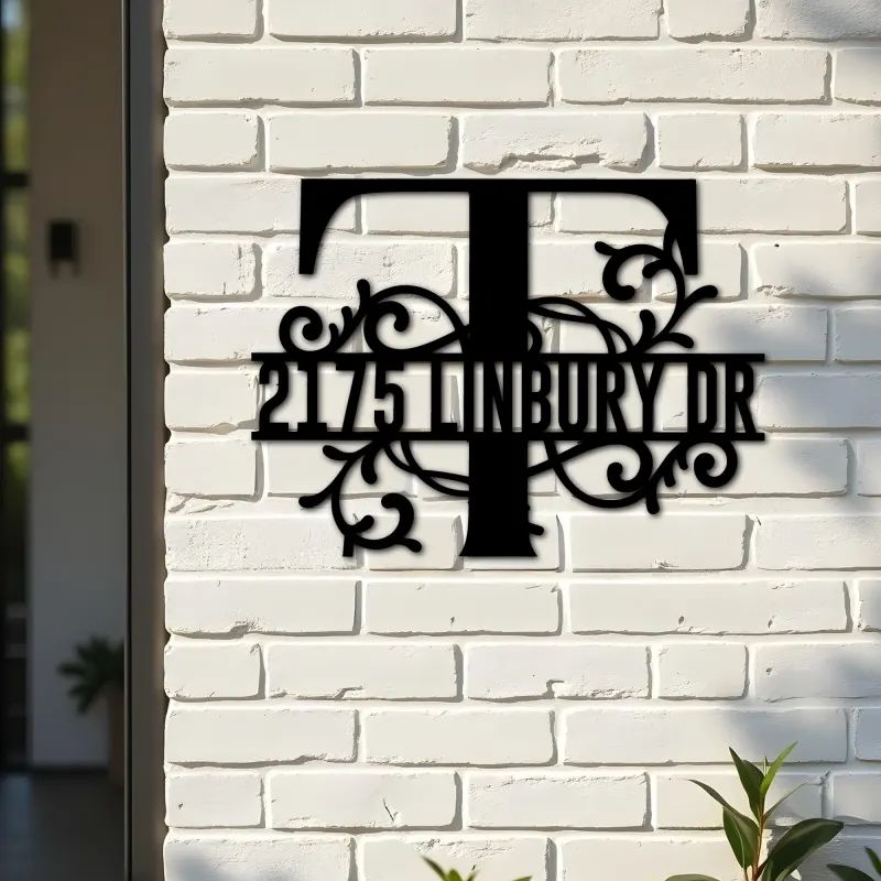 Custom Metal Floral Monogram Split Letter T Metal Address Sign House number Hanging Address Plaque Yard Sign Outdoor decor