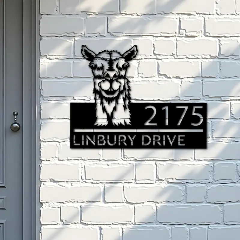 Custom Metal Peeking Llama farm animal ranch Metal Address Sign, House number, Outdoor Number Signage, Yard Sign Address Plate