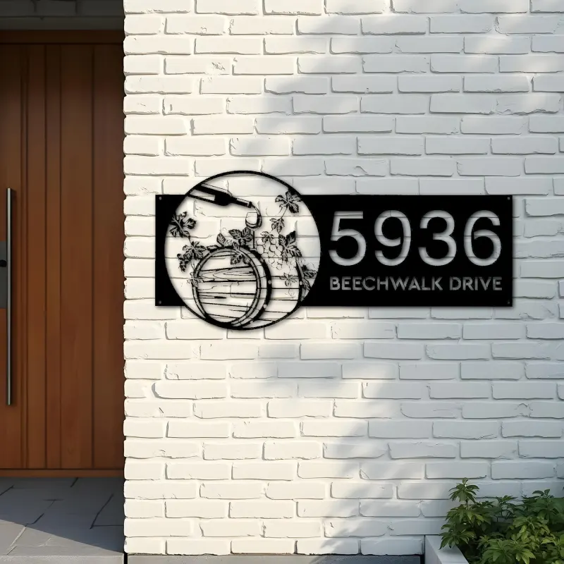 Custom Metal Wine barrel bottle grapes Metal Address Sign, House number, Outdoor Number Signage, Yard Sign Address Plate