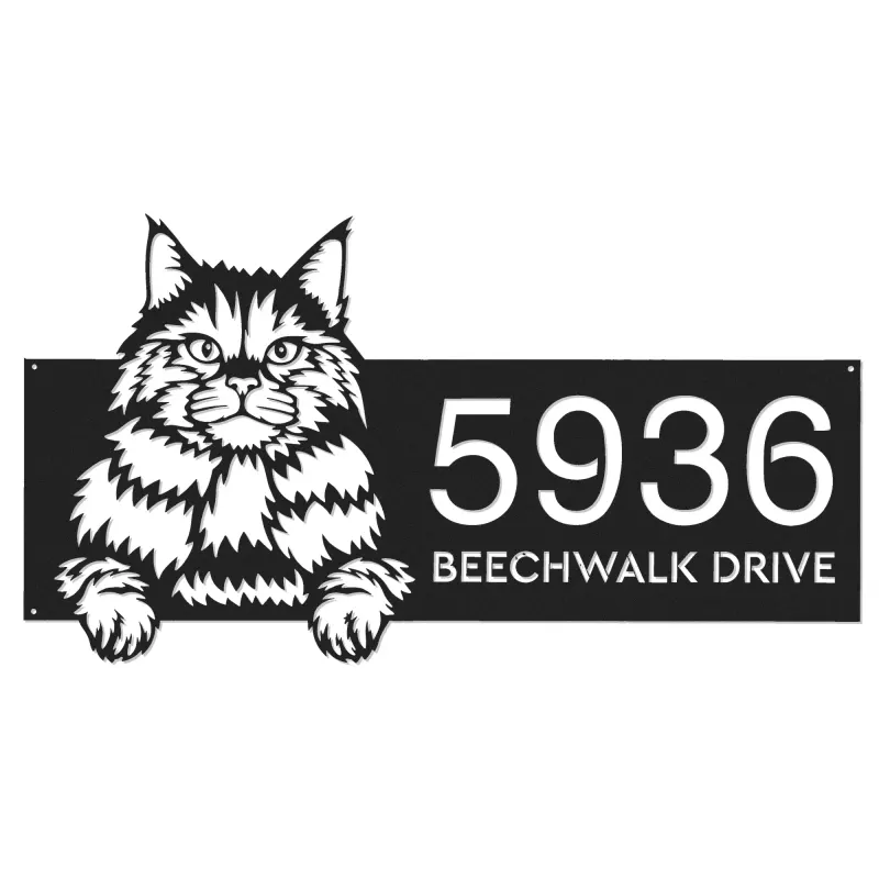 Custom Metal Siberian Cute peeking cat kitten Metal Address Sign, House number, Outdoor Number Signage, Yard Sign Address Plate