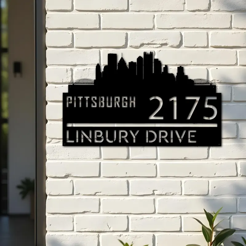 Custom Metal Pittsburgh city skyline Metal Address Sign Hanging Address Plaque house number Yard Outdoor Sign