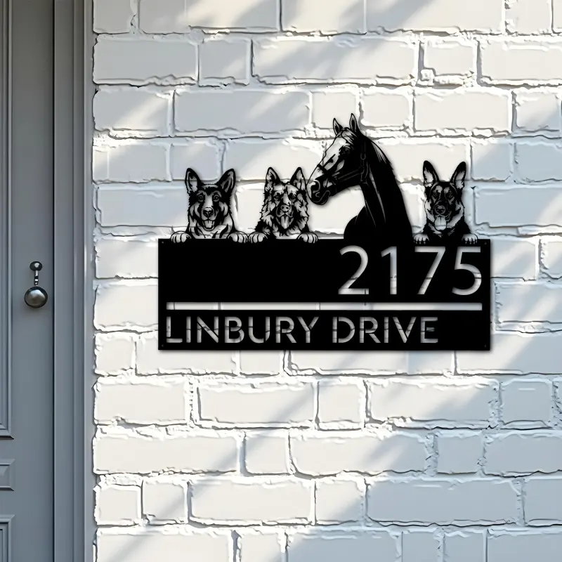 Custom Metal German shepherd Dogs and horse Metal Address Sign House number Hanging Address Plaque Yard Sign Outdoor decor
