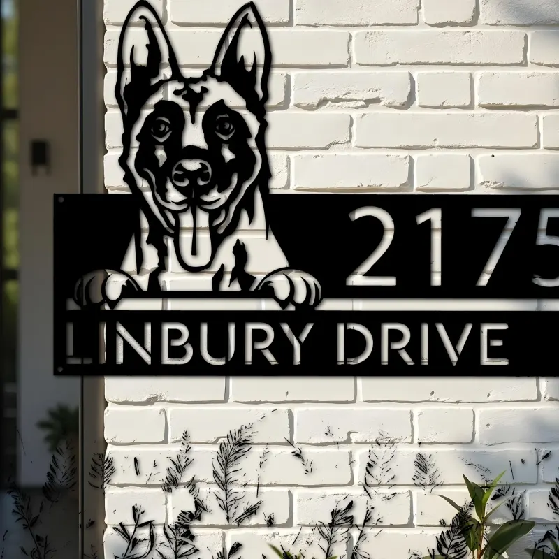 Custom Metal Belgian Malinois dog cute puppy Metal Address Sign House number Hanging Address Plaque Yard Sign Outdoor decor