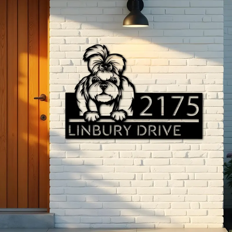 Custom Metal Shih Tzu dog Puppy Metal Address Sign House number Hanging Address Plaque Yard Sign Outdoor decor