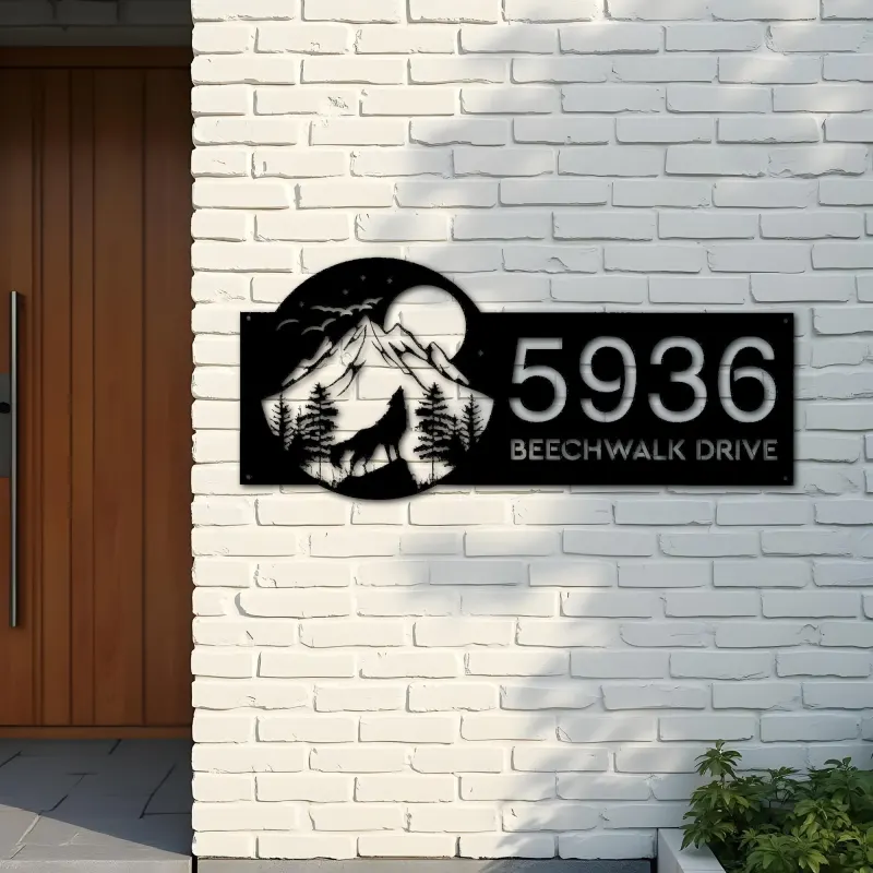 Custom Metal Wolf howling on full moon Metal Address Sign, House number, Outdoor Number Signage, Yard Sign Address Plate002
