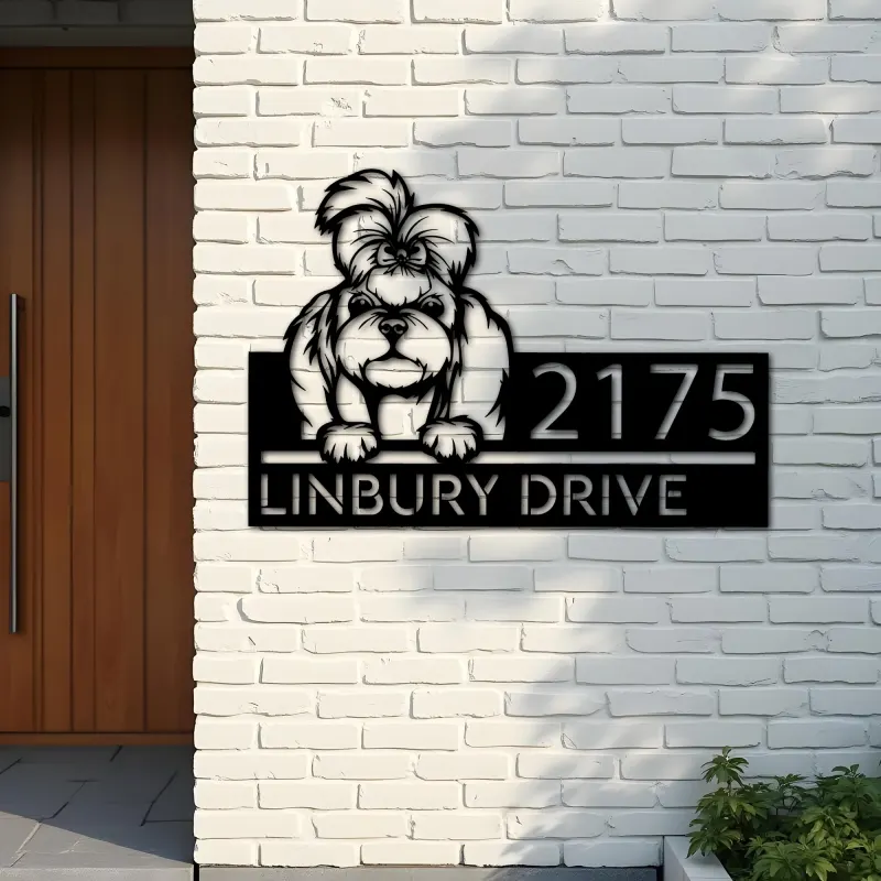 Custom Metal Shih Tzu dog Puppy Metal Address Sign House number Hanging Address Plaque Yard Sign Outdoor decor
