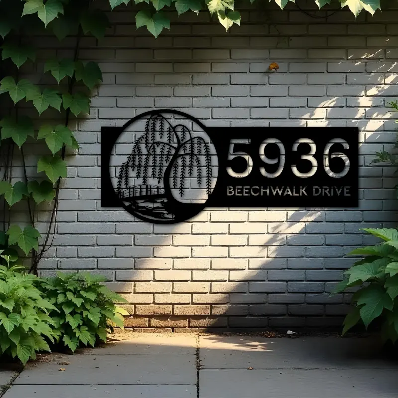 Custom Metal Scene with willow tree river Metal Address Sign, House number, Outdoor Number Signage, Yard Sign Address Plate
