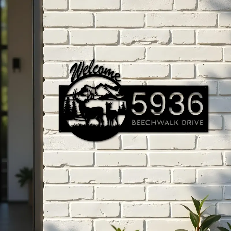 Custom Metal Deer mountain scene Wildlife Welcome Metal Address Sign, House number, Outdoor Number Signage, Yard Sign Address Plate
