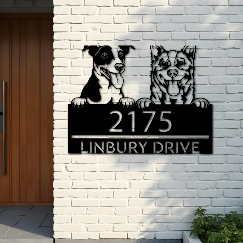 Custom Metal Red heeler and Jack russel terrier Metal Address Sign, House number, Outdoor Number Signage, Yard Sign Address Plate