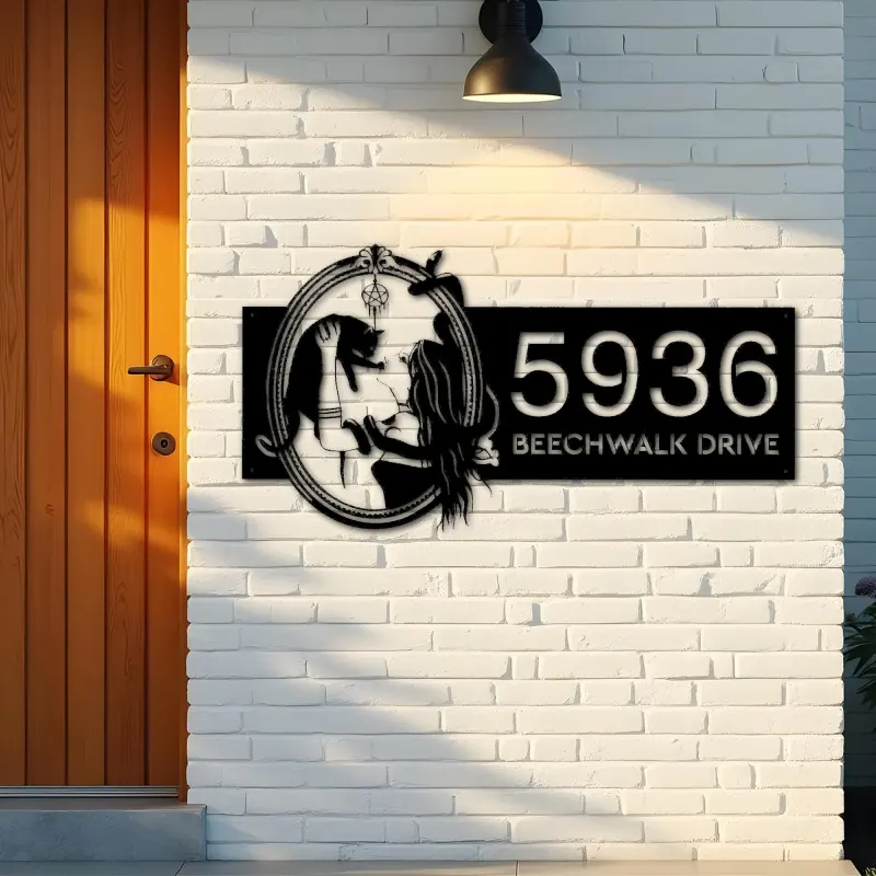 Custom Metal Witch and black cat Metal Address Sign House number Hanging Address Plaque Yard Outdoor Sign