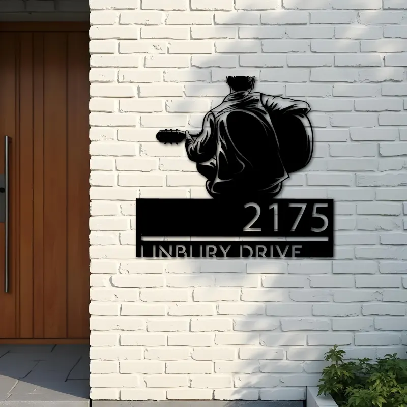Custom Metal Man playing guitar guitarist Metal Address Sign, House number, Outdoor Number Signage, Yard Sign Address Plate