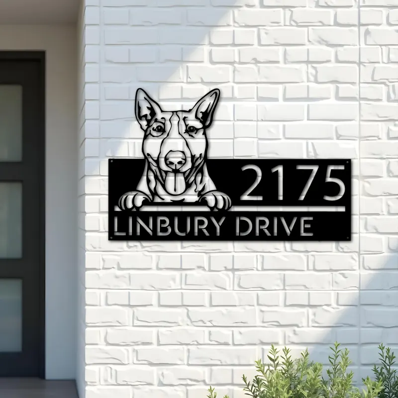 Custom Metal Bull Terrier dog cute puppy Metal Address Sign House number Hanging Address Plaque Yard Sign Outdoor decor