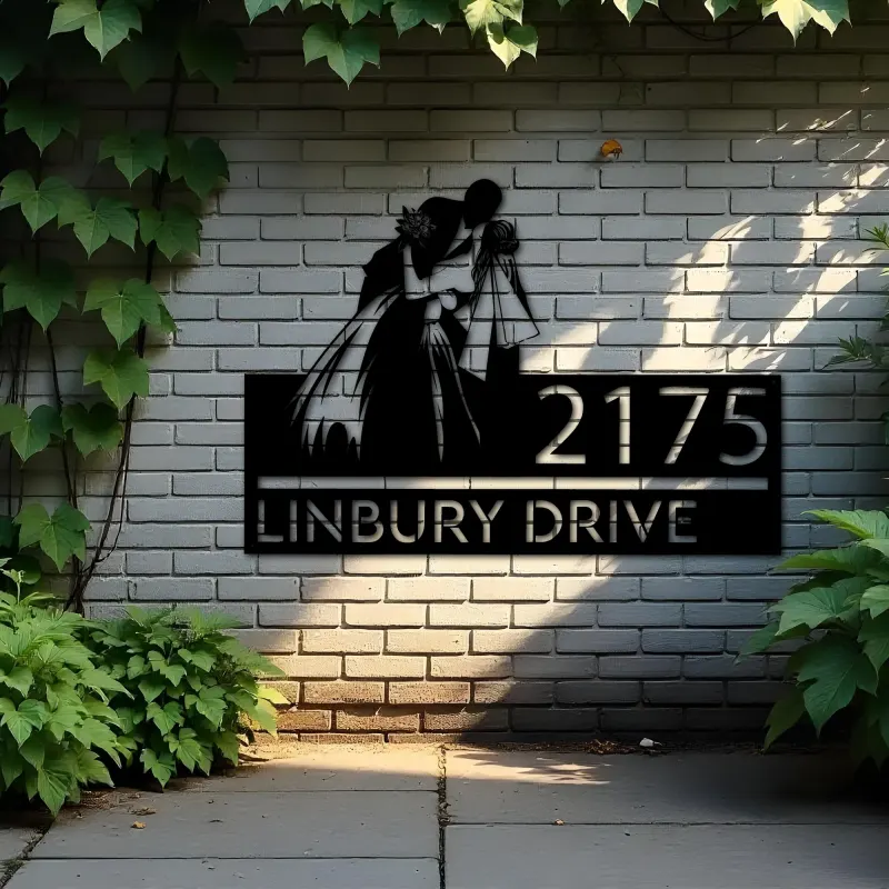 Custom Metal Kissing bride and groom Metal Address Sign, House number, Outdoor Number Signage, Yard Sign Address Plate