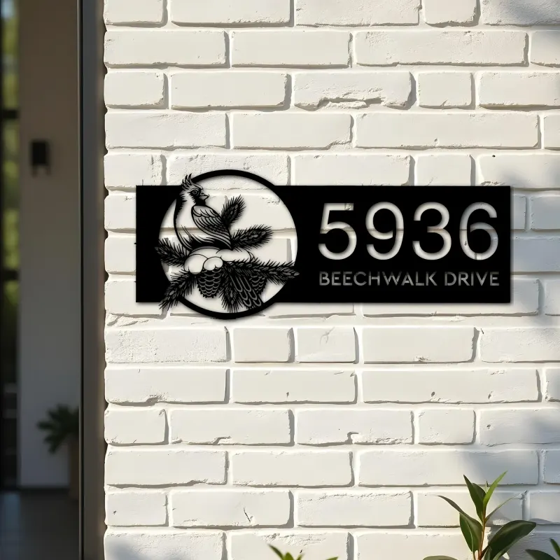 Custom Metal Northern cardinal bird Metal Address Sign, House number, Outdoor Number Signage, Yard Sign Address Plate