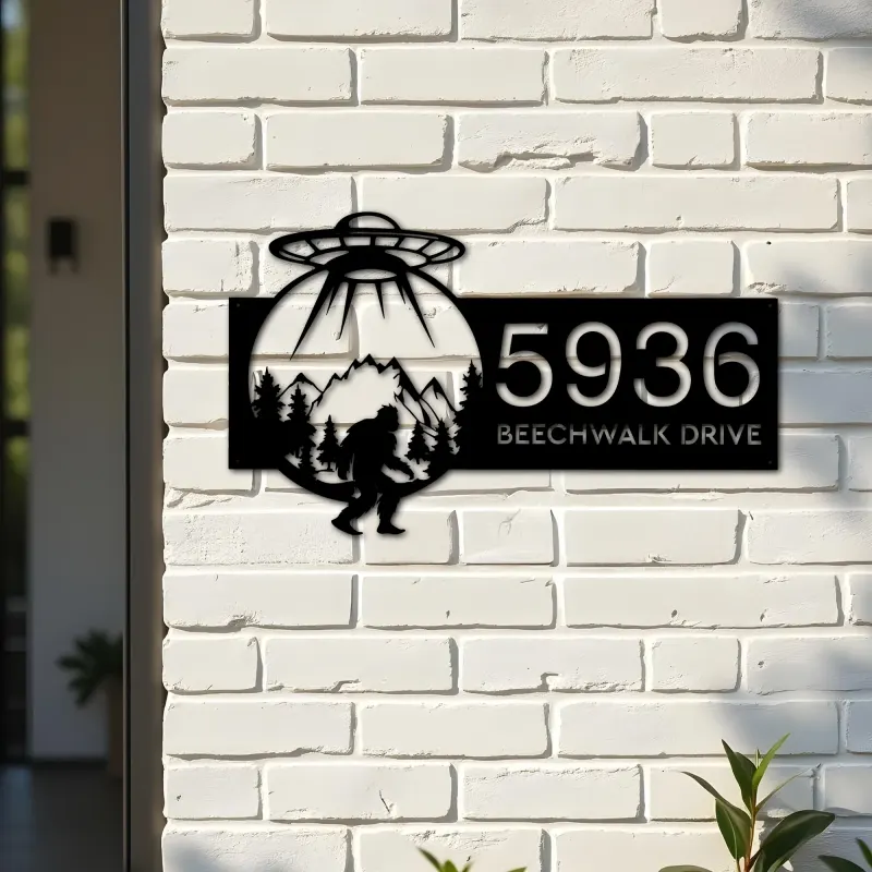 Custom Metal Alien UFO bigfoot sasquatch Metal Address Sign, House number, Outdoor Number Signage, Yard Sign Address Plate