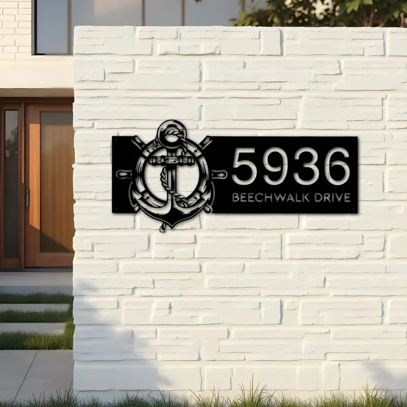 Custom Metal Anchor and ship rope with ship wheel Metal Address Sign, House number, Outdoor Number Signage, Yard Sign Address Plate