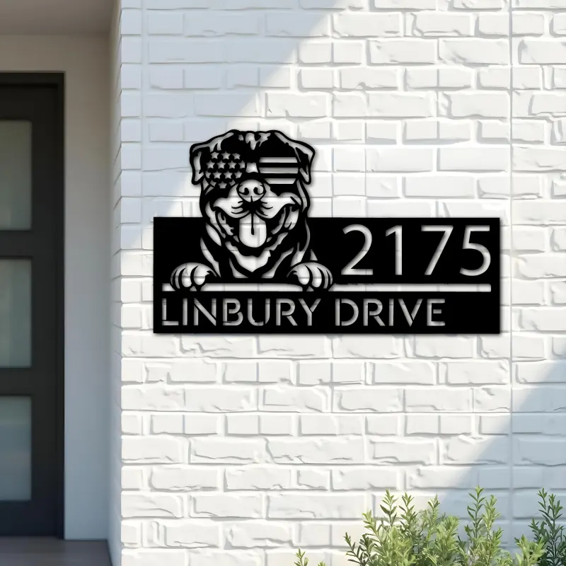 Custom Metal Rottweiler dog US flag glasses Metal Address Sign House number Hanging Address Plaque Yard Sign Outdoor decor