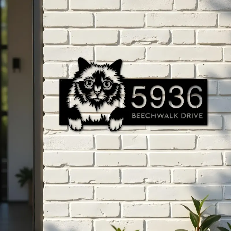 Custom Metal Holy Burma Cute peeking cat kitten Metal Address Sign, House number, Outdoor Number Signage, Yard Sign Address Plate