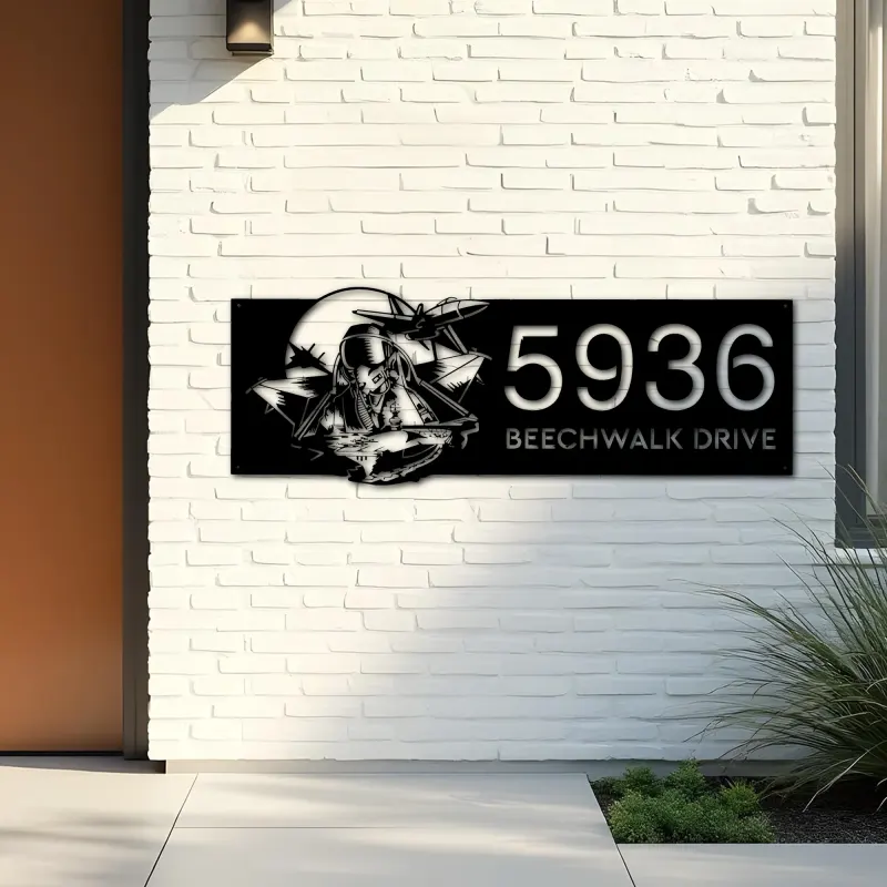 Custom Metal Fighter Pilot Aircraft Carrier Metal Address Sign House number Hanging Address Plaque Yard Sign Outdoor