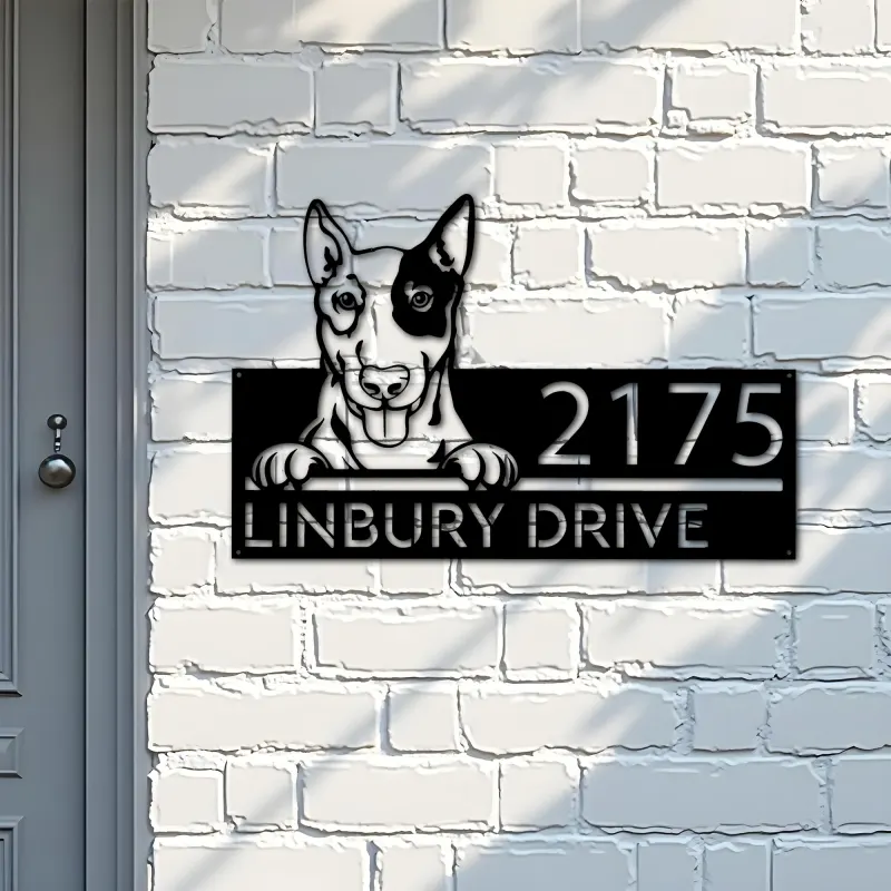 Custom Metal English Bullterrier dog Puppy Metal Address Sign House number Hanging Address Plaque Yard Sign Outdoor decor
