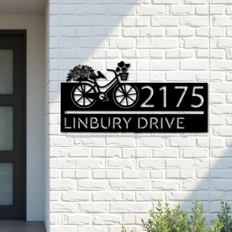 Custom Metal Bicycle with flower and hearts Metal Address Sign, House number, Outdoor Number Signage, Yard Sign Address Plate