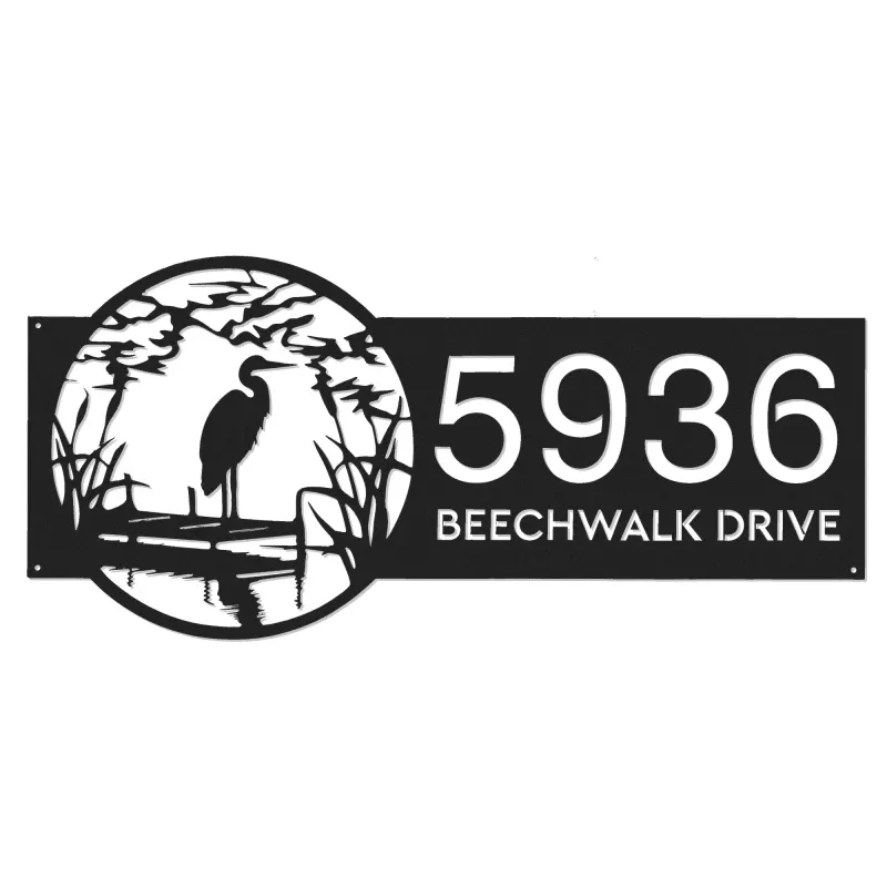 Custom Metal River scene stork Metal Address Sign, House number, Outdoor Number Signage, Yard Sign Address Plate