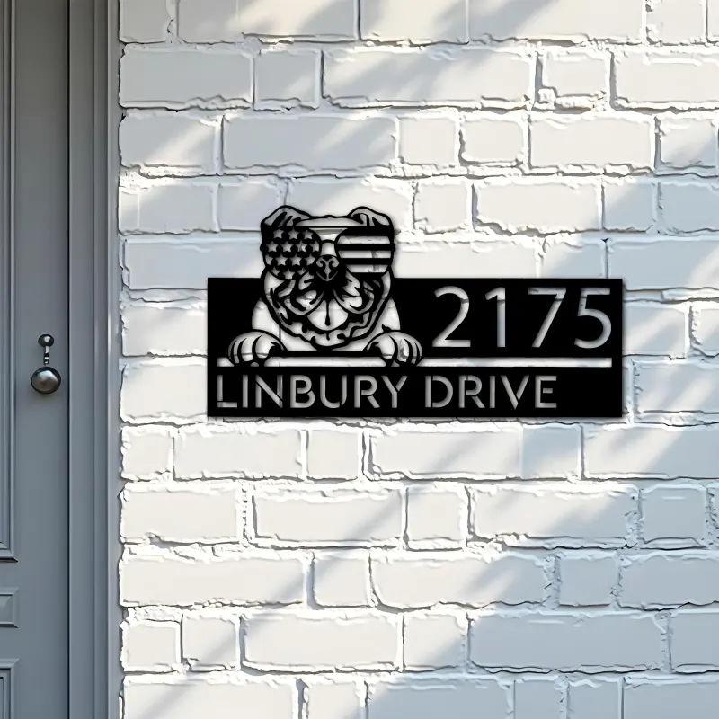 Custom Metal English Bulldog dog US flag glasses Metal Address Sign House number Hanging Address Plaque Yard Sign Outdoor decor