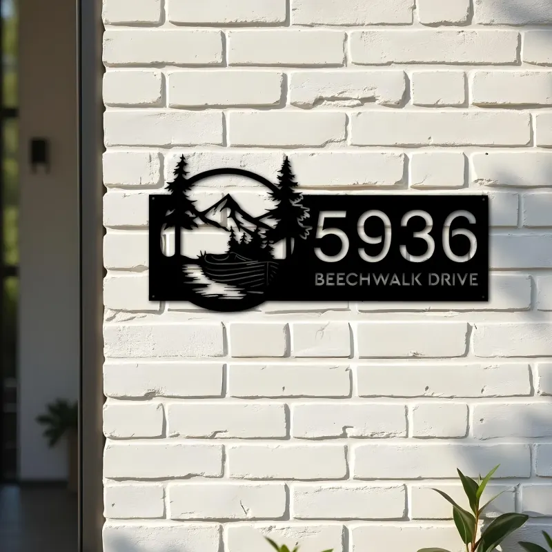 Custom Metal Boat on River Mountain Forest Wild Scene Metal Address Sign House Number Hanging Address Plaque Yard Sign Outdoor Sign