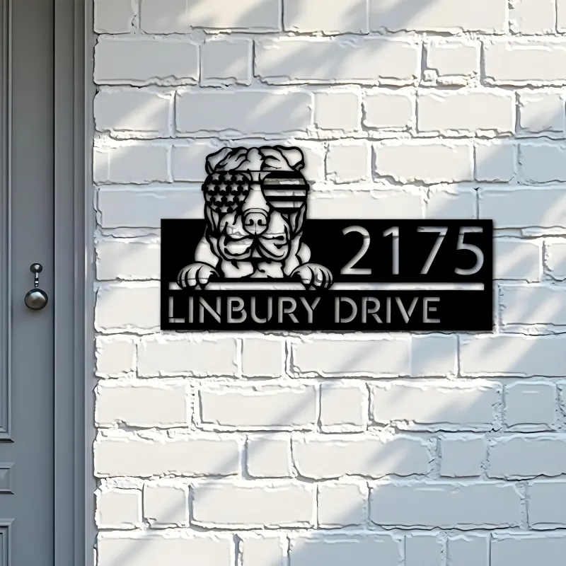 Custom Metal Sharpei dog US flag glasses Metal Address Sign House number Hanging Address Plaque Yard Sign Outdoor decor