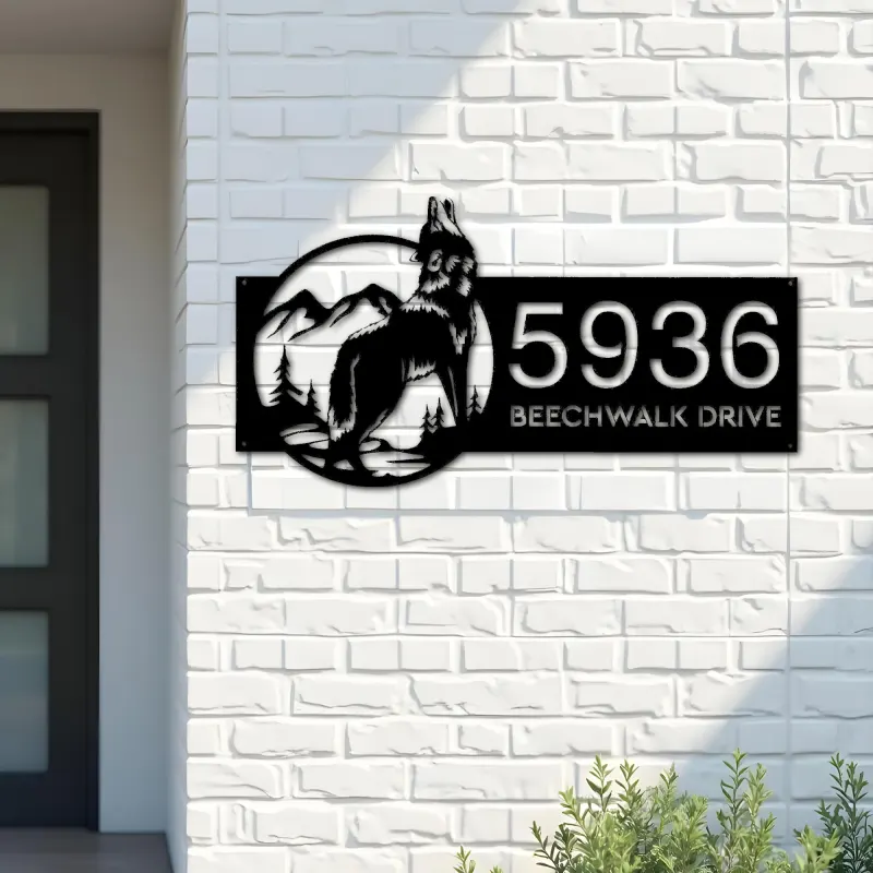 Custom Metal Wolf Mountain scene wild life Metal Address Sign, House number, Outdoor Number Signage, Yard Sign Address Plate