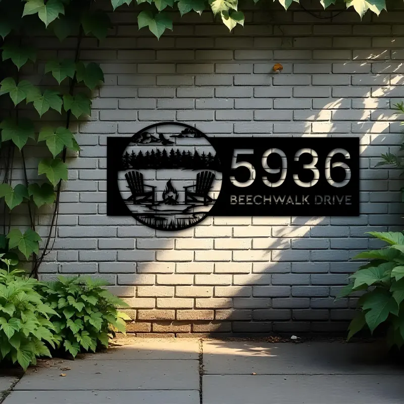 Custom Metal Forest Camping with Chairs and Fire Scene Metal Address Sign, House number, Outdoor Number Signage, Yard Sign Address Plate