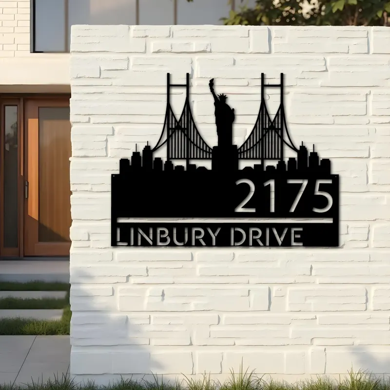 Custom Metal New York Statue of liberty city skyline Metal Address Sign Hanging Address Plaque house number Yard Outdoor Sign