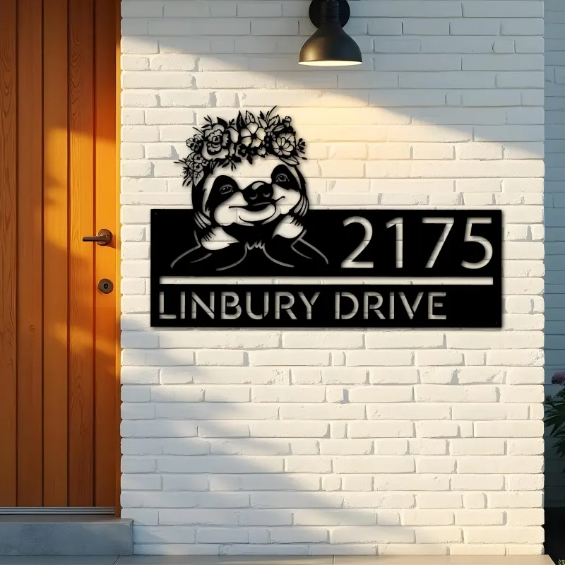 Custom Metal Cute Sloth Metal Address Sign, House number, Outdoor Number Signage, Yard Sign Address Plate