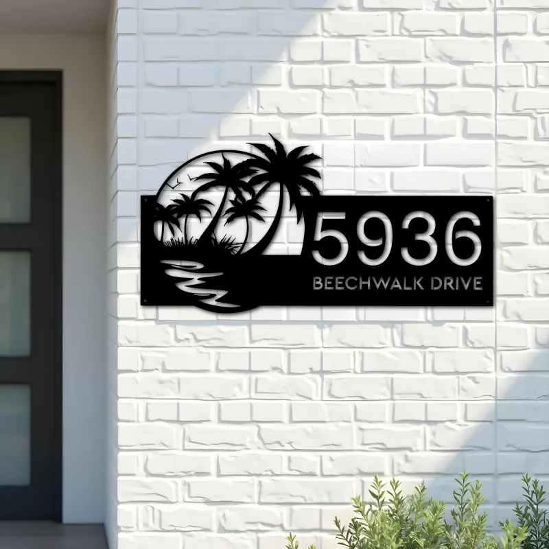Custom Metal Beach Scene Summer Palm Tree Metal Address Sign, House number, Outdoor Number Signage, Yard Sign Address Plate