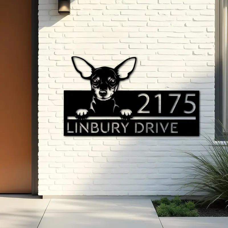 Custom Metal Miniature pinscher dog cute puppy Metal Address Sign House number Hanging Address Plaque Yard Sign Outdoor decor