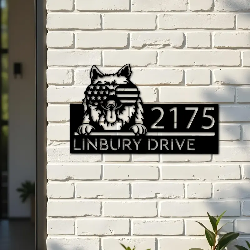 Custom Metal Keeshond dog US flag glasses Metal Address Sign House number Hanging Address Plaque Yard Sign Outdoor decor