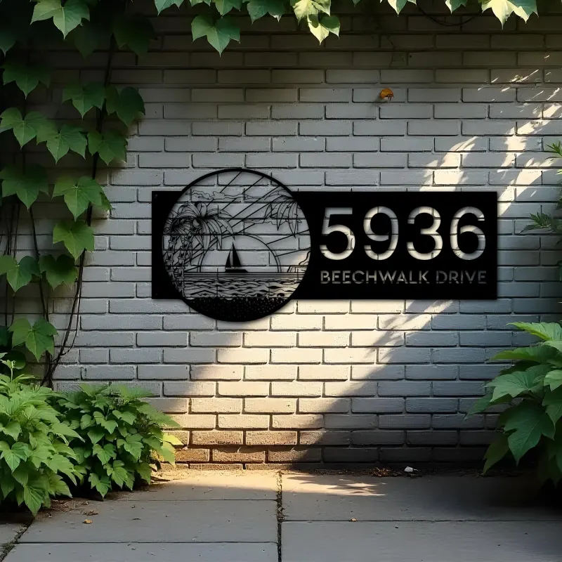 Custom Metal Island sea scene coconut tree Metal Address Sign, House number, Outdoor Number Signage, Yard Sign Address Plate