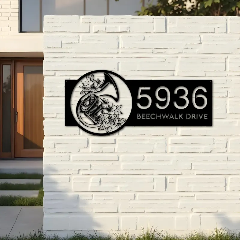 Custom Metal Floral trumpet musician Metal Address Sign, House number, Outdoor Number Signage, Yard Sign Address Plate