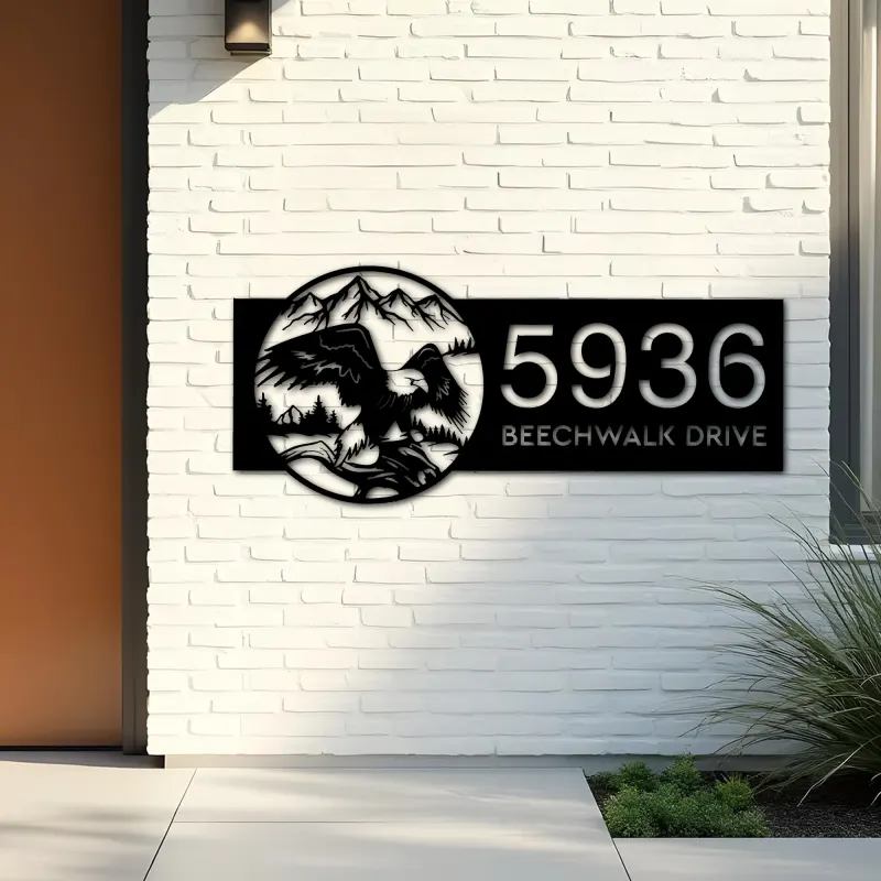 Custom Metal Eagle on Tree Branch in Mountains Metal Address Sign, House number, Outdoor Number Signage, Yard Sign Address Plate