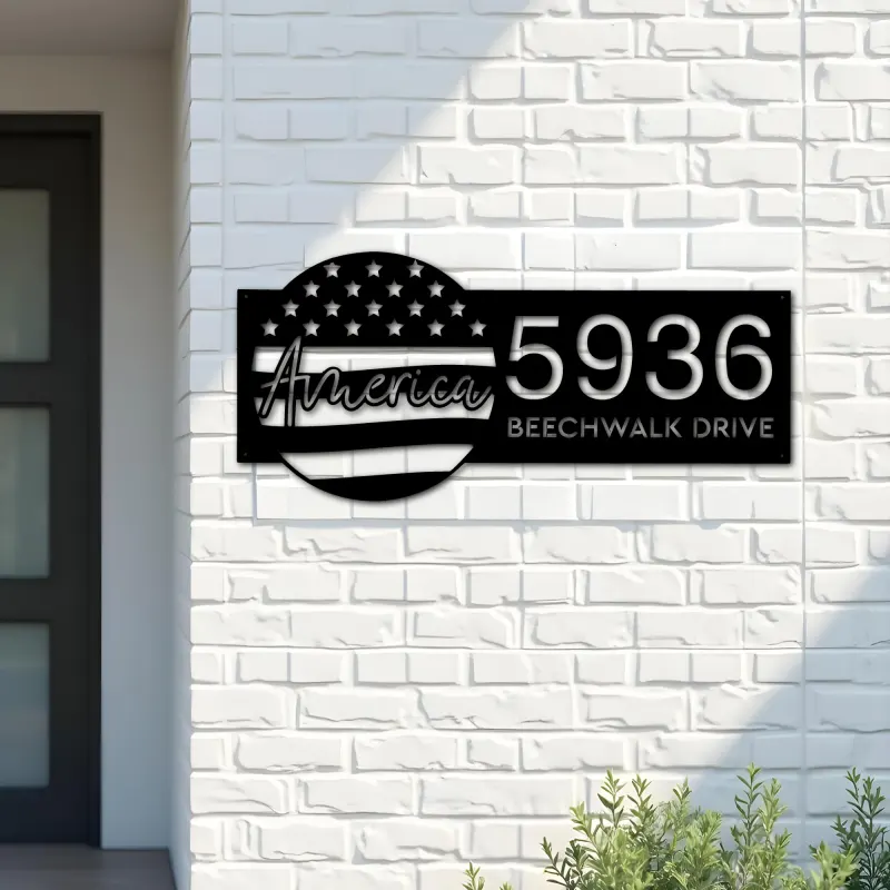 Custom Metal America US flag 4th of July Metal Address Sign House number Hanging Address Plaque Yard Sign Outdoor decor