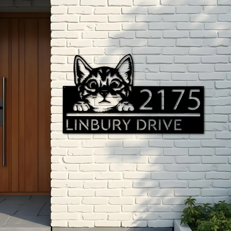 Custom Metal Cute peeking cat kitten pet Metal Address Sign, House number, Outdoor Number Signage, Yard Sign Address Plate