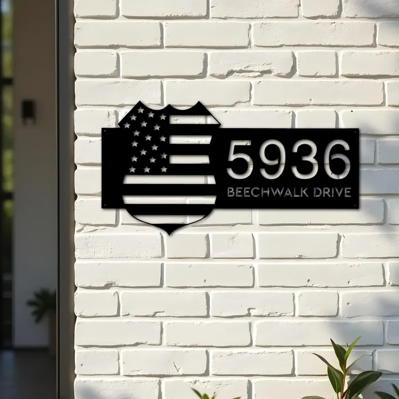 Custom Metal Police badge American Flag Patriotic Metal Address Sign, House number, Outdoor Number Signage, Yard Sign Address Plate