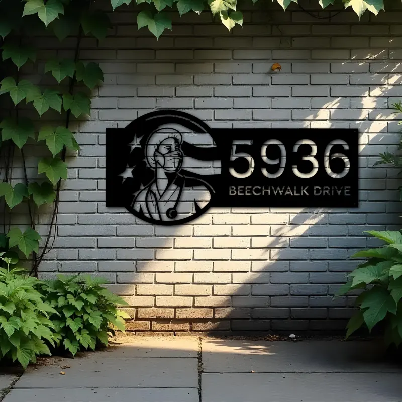 Custom Metal Nurse Looking Up USA Flag Metal Address Sign, House number, Outdoor Number Signage, Yard Sign Address Plate