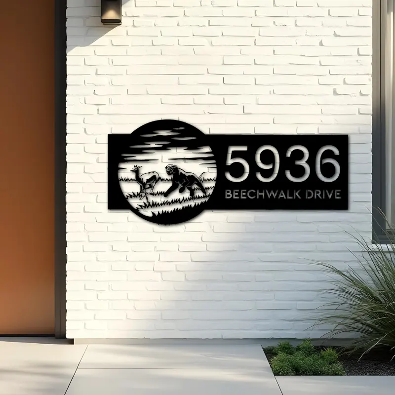 Custom Metal Hunting Panther Wild animal wildlife Metal Address Sign, House number, Outdoor Number Signage, Yard Sign Address Plate