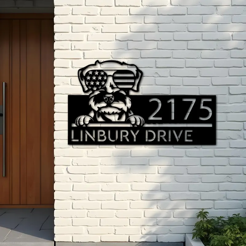 Custom Metal Schnauzer dog US flag glasses Metal Address Sign House number Hanging Address Plaque Yard Sign Outdoor decor