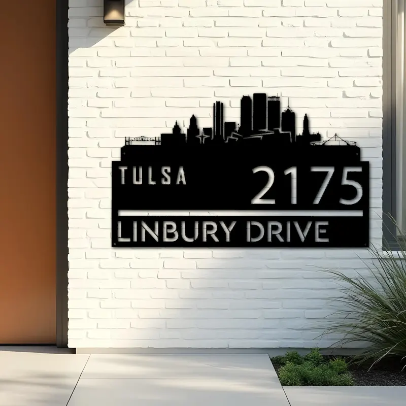 Custom Metal Tulsa city skyline Metal Address Sign Hanging Address Plaque house number Yard Outdoor Sign