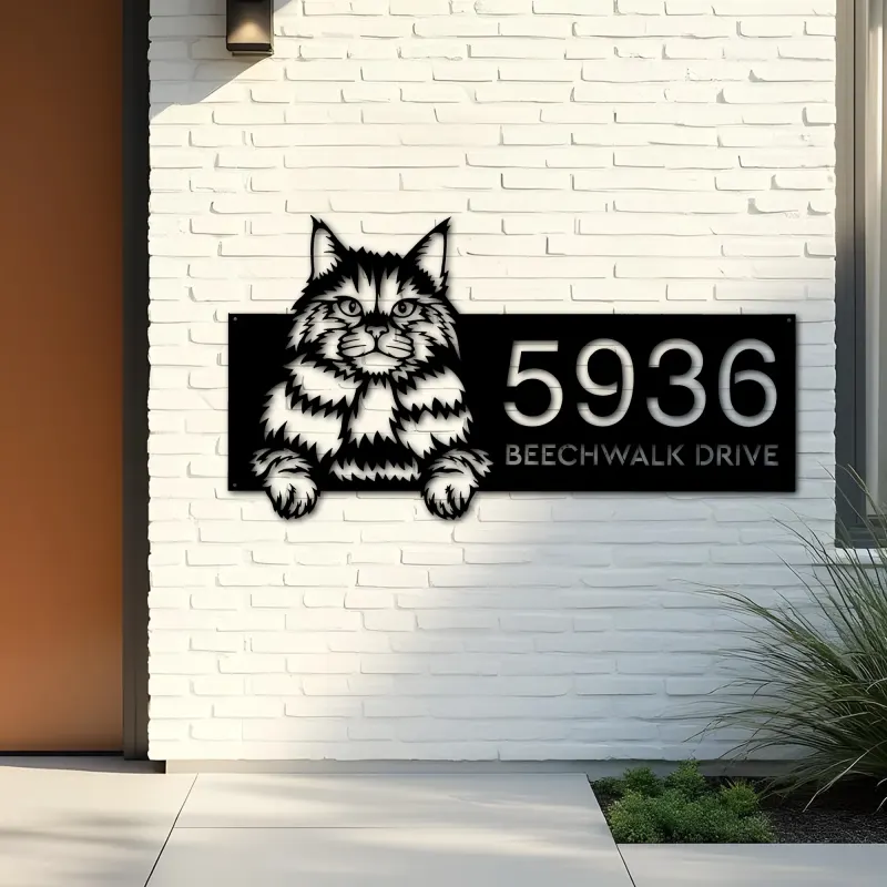Custom Metal Siberian Cute peeking cat kitten Metal Address Sign, House number, Outdoor Number Signage, Yard Sign Address Plate