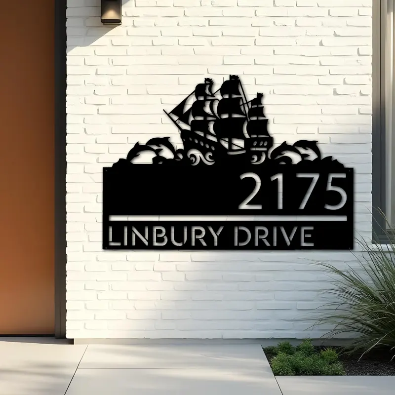 Custom Metal Boat with dolphins Metal Address Sign, House number, Outdoor Number Signage, Yard Sign Address Plate
