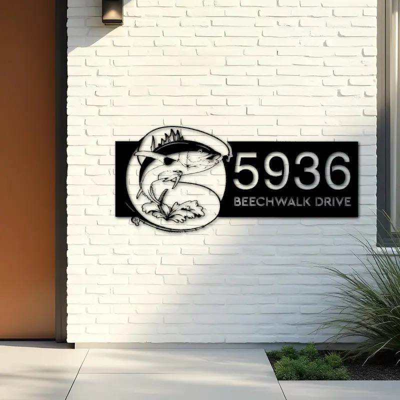 Custom Metal Tuna fishing rod bait hook Metal Address Sign, House number, Outdoor Number Signage, Yard Sign Address Plate