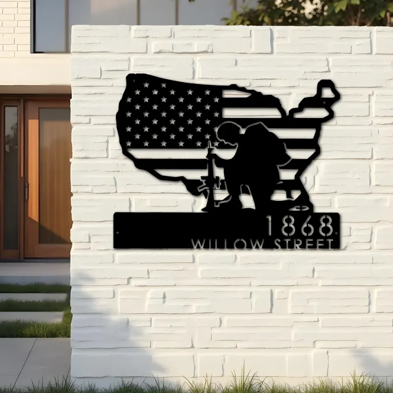 Custom Metal Soldier American Flag Patriotic Army Metal Address Sign, House number, Outdoor Number Signage, Yard Sign Address Plate